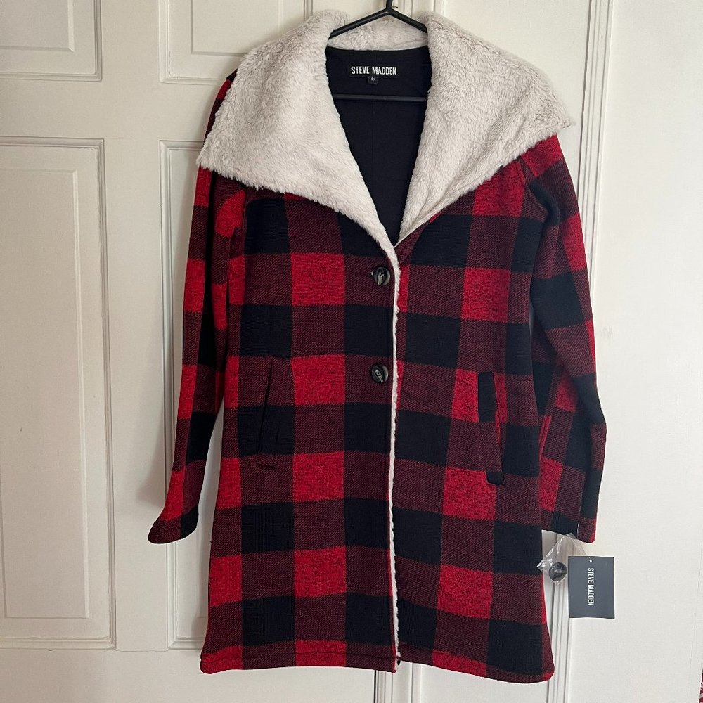 Steve Madden Black and Red Buffalo Check Long Coat - NEVER BEEN WORN